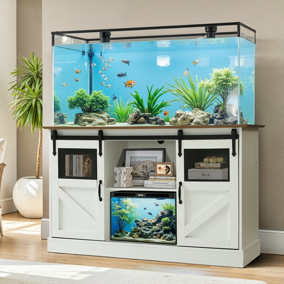 Magic Union 55-75 Gallon Large Fish Tank Stand, Heavy Duty Aquarium Stand w/Power Outlet and Sliding Barn Doors, Table for Fish Turtle Tank Reptile Terrarium w/Cabinet for Accessories Storage