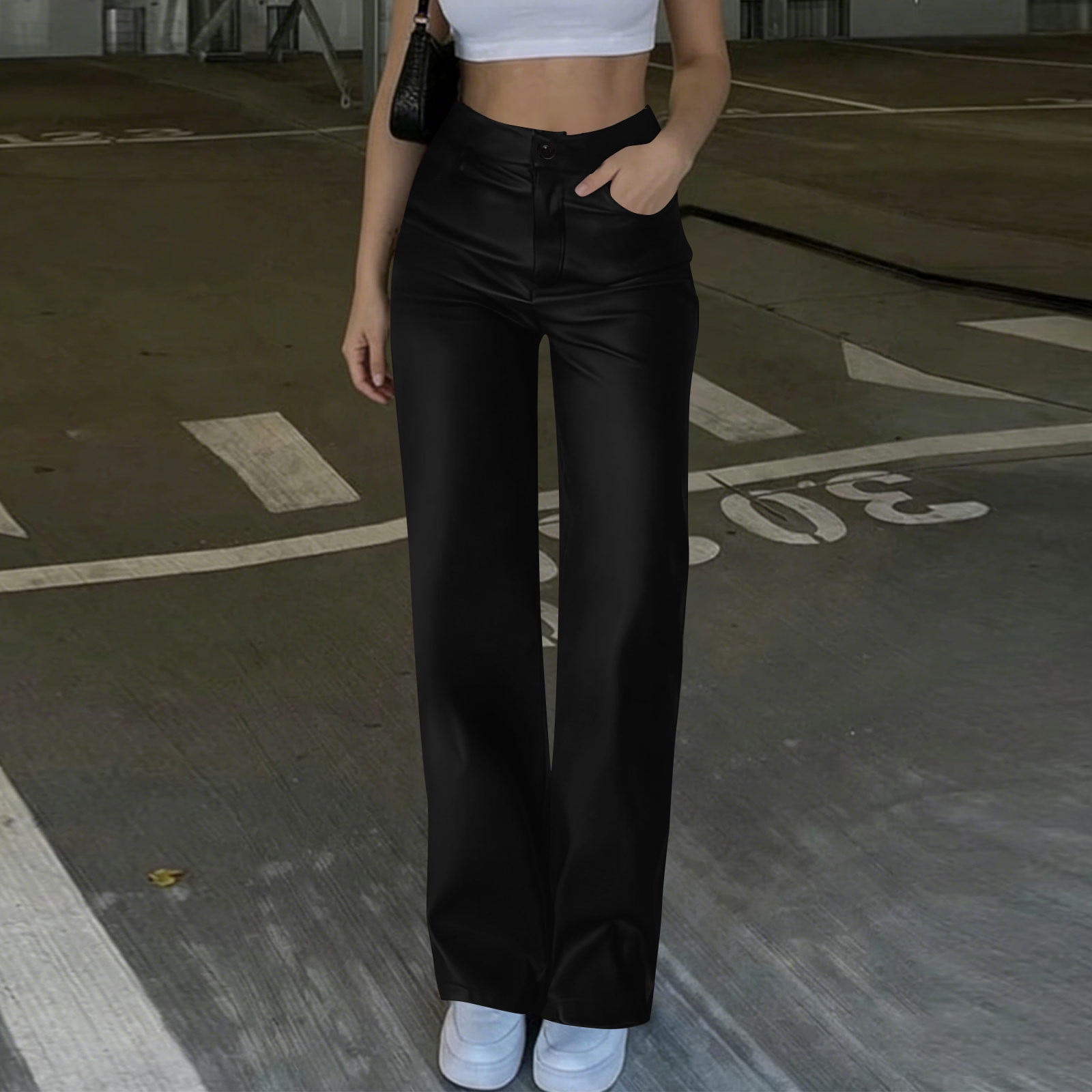 Moxiu Women's Faux Leather Straight Leg Trousers Button Elastic High Waisted Loose Casual Pants for Party Club Date Night Black,S