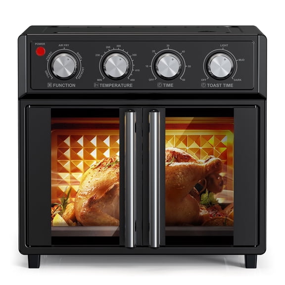 27.5 Quart 6 Slices Large French Door  Air Fryer Convection Toaster Oven,  1700W, Multifunction Oven for Air Fryer, Toast, Grill, Defrost, Bake, Time and Temperature Controls, Black