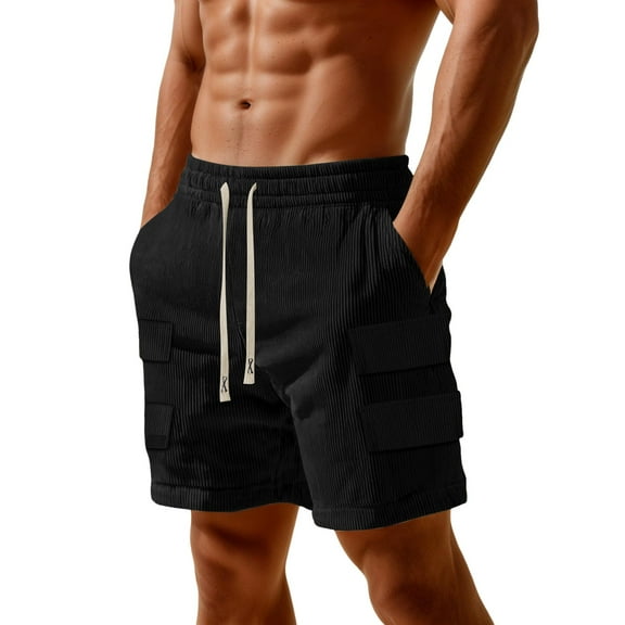 BOOMNY Mens Shorts Solid Color Ribbed Elastic Waist Drawstring Corduroy Shorts For Man Soft Loose Fit Summer Workout Shorts Leisure Mens Dailywear