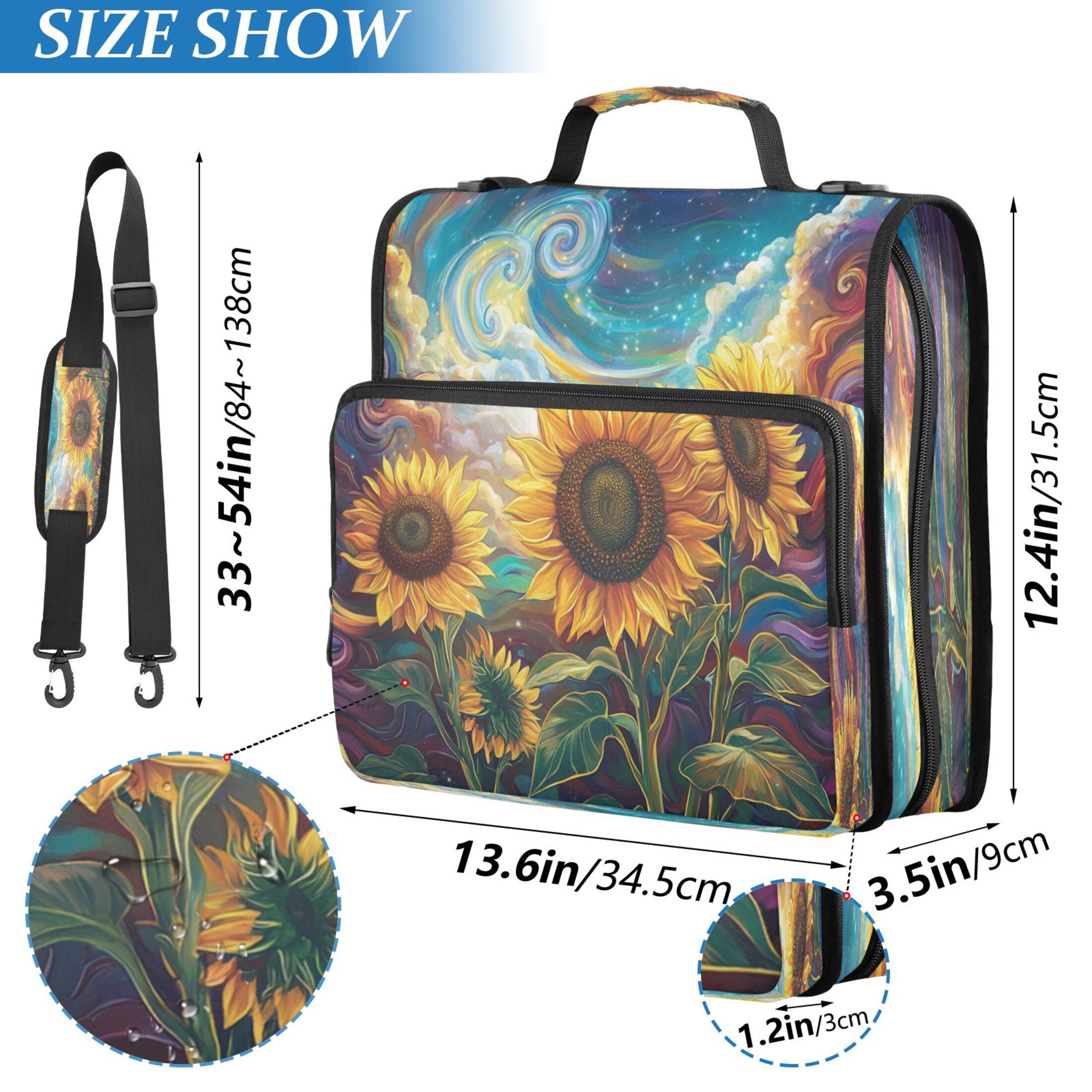 YAZAOO Zipper Binder trapper keeper Documents Organized Design Dreamy Sunflowers in Colorful Universe Printed