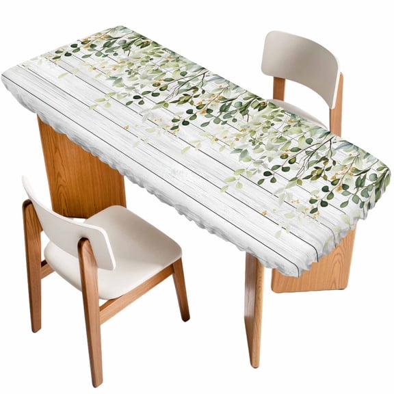 Green Table Cloths for 8 Foot Rectangle Tables, Eucalyptus Leaves Patio Waterproof Elastic Fitted Tablecloths, Washable Rectangular Table Cover for Camping
