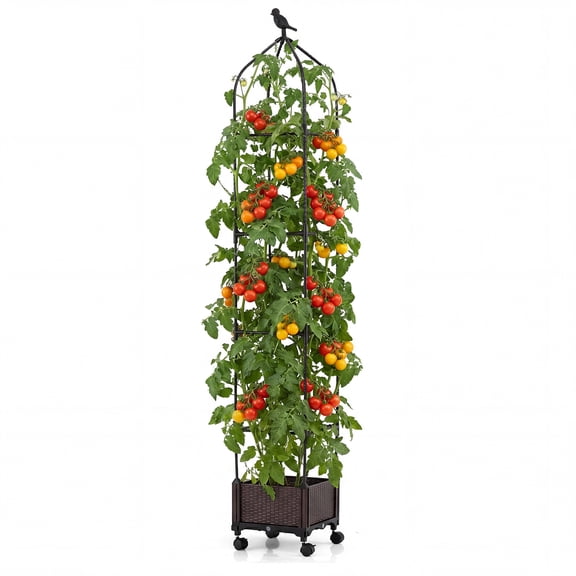 Costway 1 PCS Raised Garden Bed Tomato Cage Planter Box with PE-Coated Metal Trelli Wheels