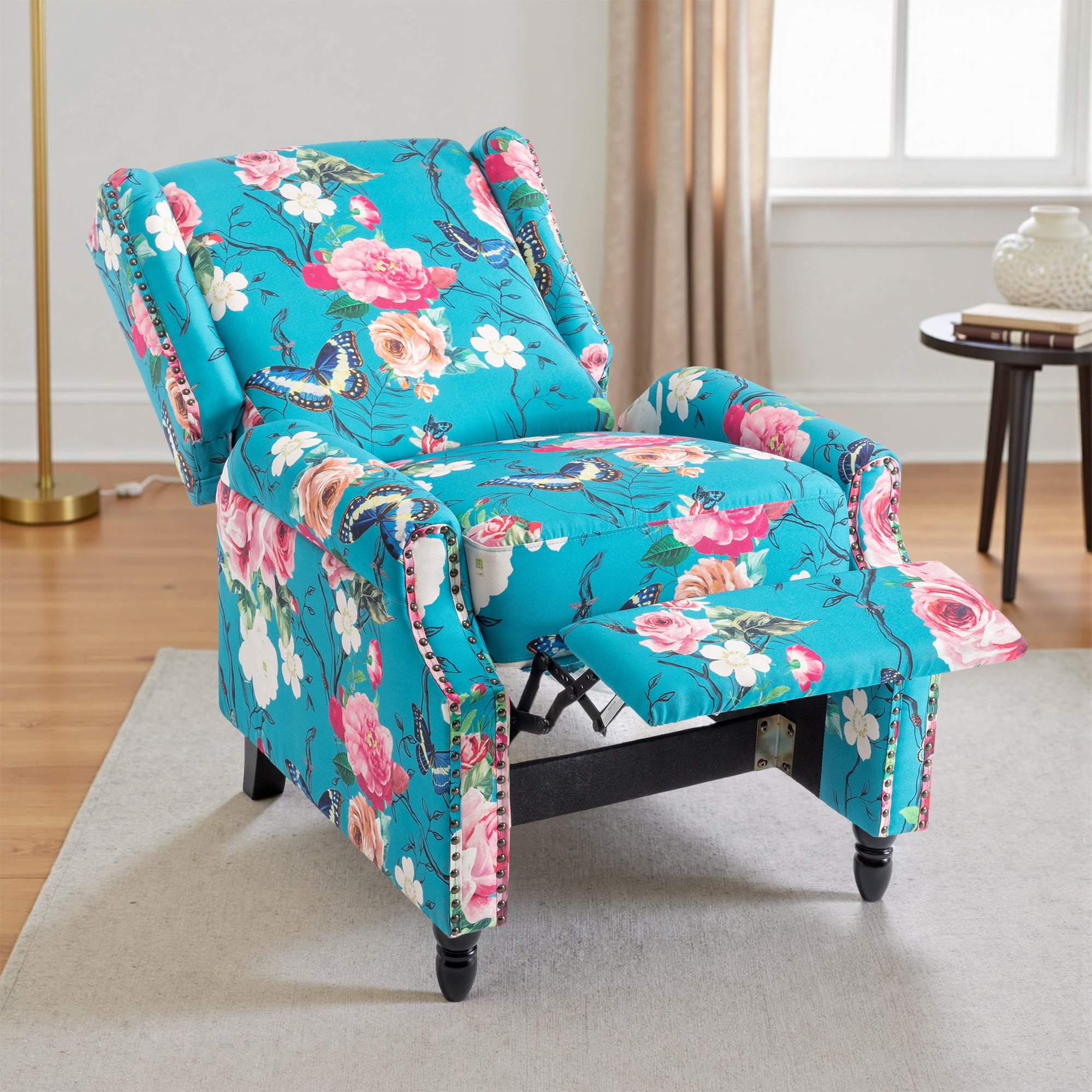 UIXE Floral Pushback Recliner Chairs Set of 2, Fabric Upholstered Armchair Push Back Accent Chair for Living Room, Rivet Trim Club Chair Home Theater Single Sofa Reading Seat, Peacock Blue