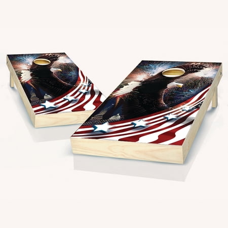 Skip s Garage Bald Eagle Fireworks Solid Wood Cornhole Board Set