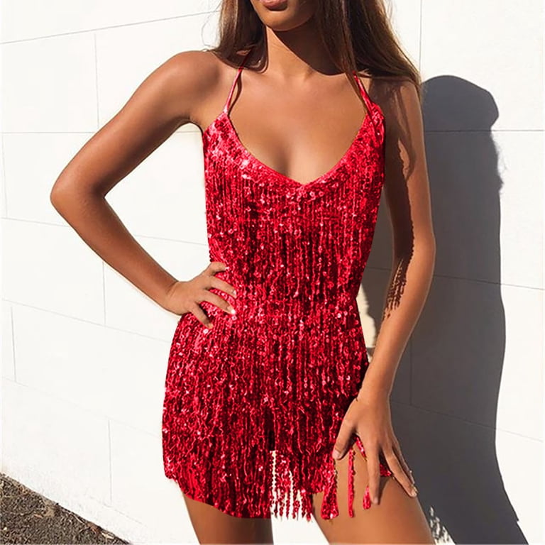 Aoochasliy Women V-Neck Mini Dress Plus Size Sequin Glitter Solid Color  Sleeveless Tassels Cocktail Dress Club Party - Walmart.com