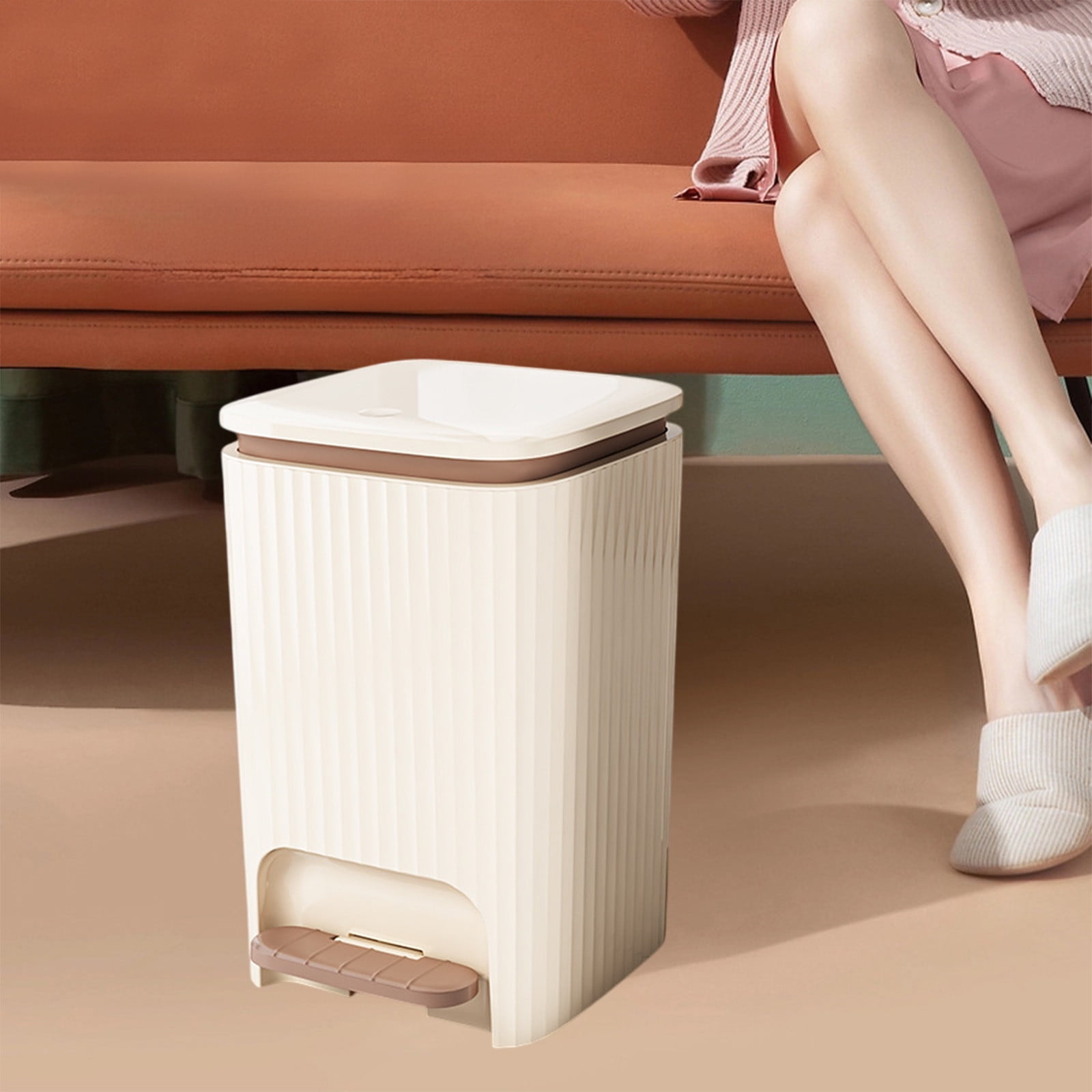 Under $20 9/12 Liter Large Capacity Trash Can Square Plastic Garbage Can with Lid, Step Pedal Trash Can for Living Room, Bedroom, Kitchen, Bathroom(Yellow + Brown, 12L)