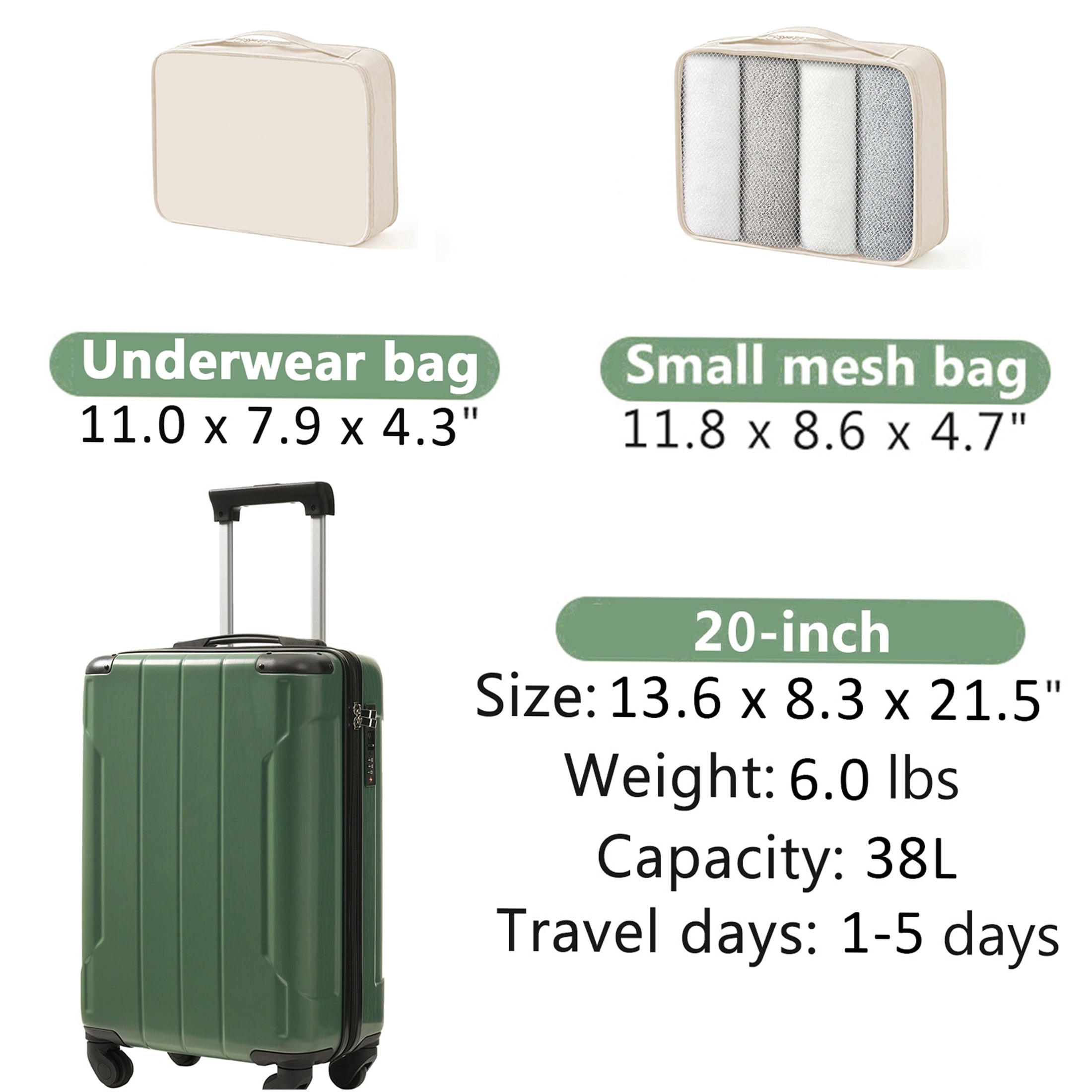 JERFIT 20-Inch Carry On Luggage with Spinner Wheels, TSA Lock & Packing Cubes, Hardshell ABS Suitcase for Travel, Blackish Green