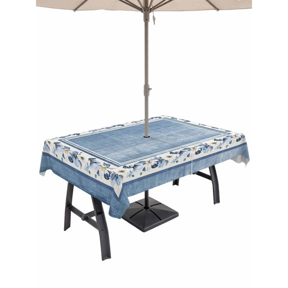 Outdoor Tablecloth with Umbrella Hole & Zipper, Blue Spring Floral Rectangle Tablecloth 60x102 Inch, Vintage Elegant Summer Botanical Patio Table Cover Waterproof Table Cloth for Picnic/Party