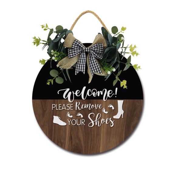 Eveokoki Welcome Please Remove Your Shoes Front Door Sign Funny Wreaths Hanging Wooden Plaque Decoration Round Rustic Wood Farmhouse Porch Decor for Home Front Door Decor, 11 x 11 Inch