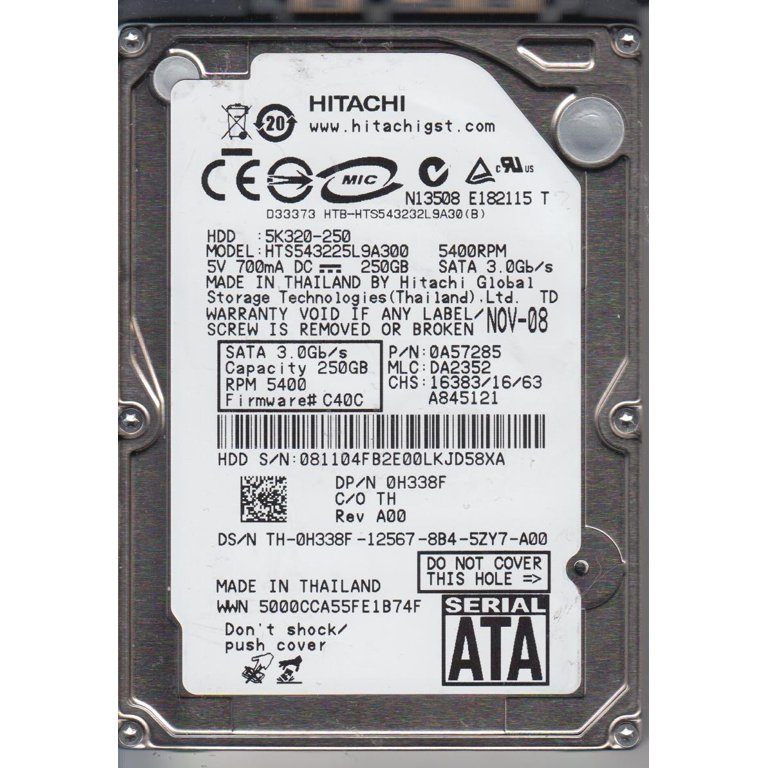 hts543225l9?a300、PN 0?a57285、MLC da2352、Hitachi 250?GB SATA 2.5ハードドライブ HTS543225L9A300, PN 0A57285, MLC DA2352, Hitachi 250GB SATA