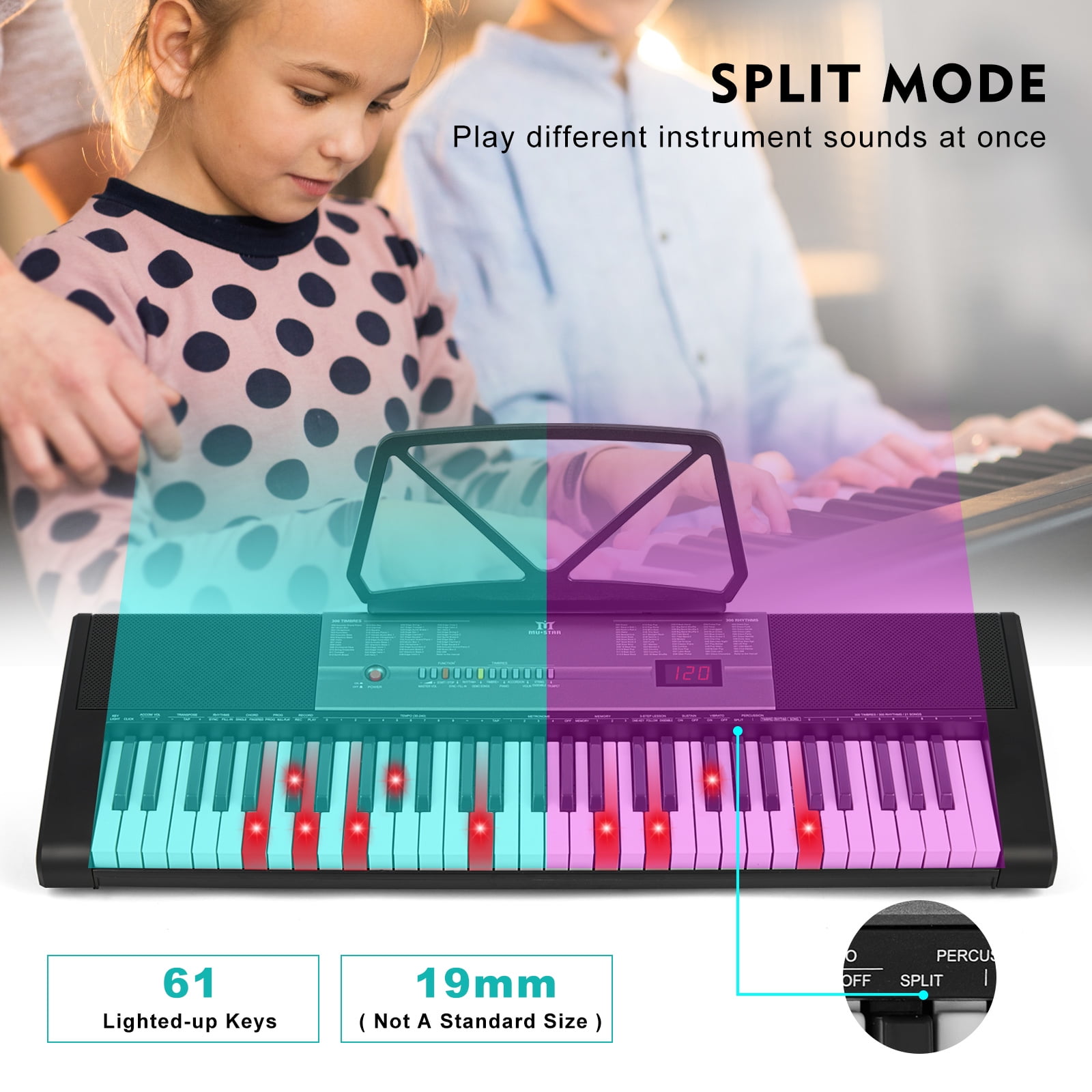 Electric Keyboard Mustar Built-in Speakers Piano 61 Lighted Keys for Beginner with Stand Stool, Headphones, Microphone, Note Stickers