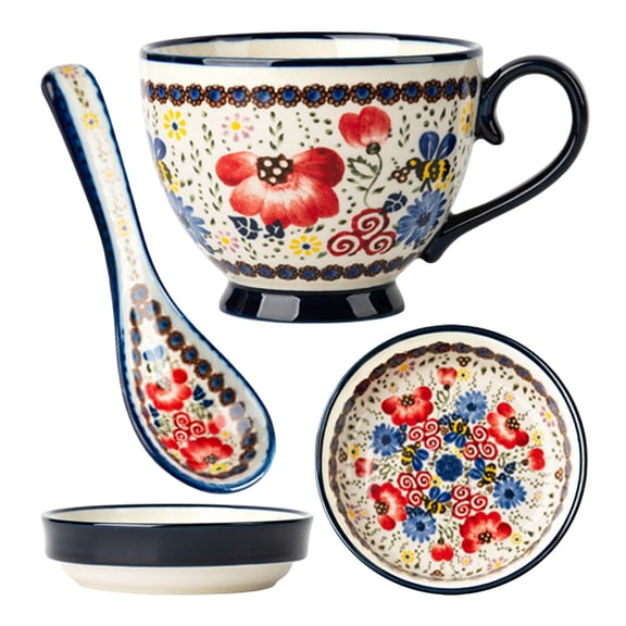 Ceramic Breakfast Mug And Plate Set, Large Handle Soup Cereal Bowl With Spoon, Microwave Safe Dishwasher Safe Dinnerware For Sandwich And Coffee, B 19x19cm (Multicolor, 19*19CM)