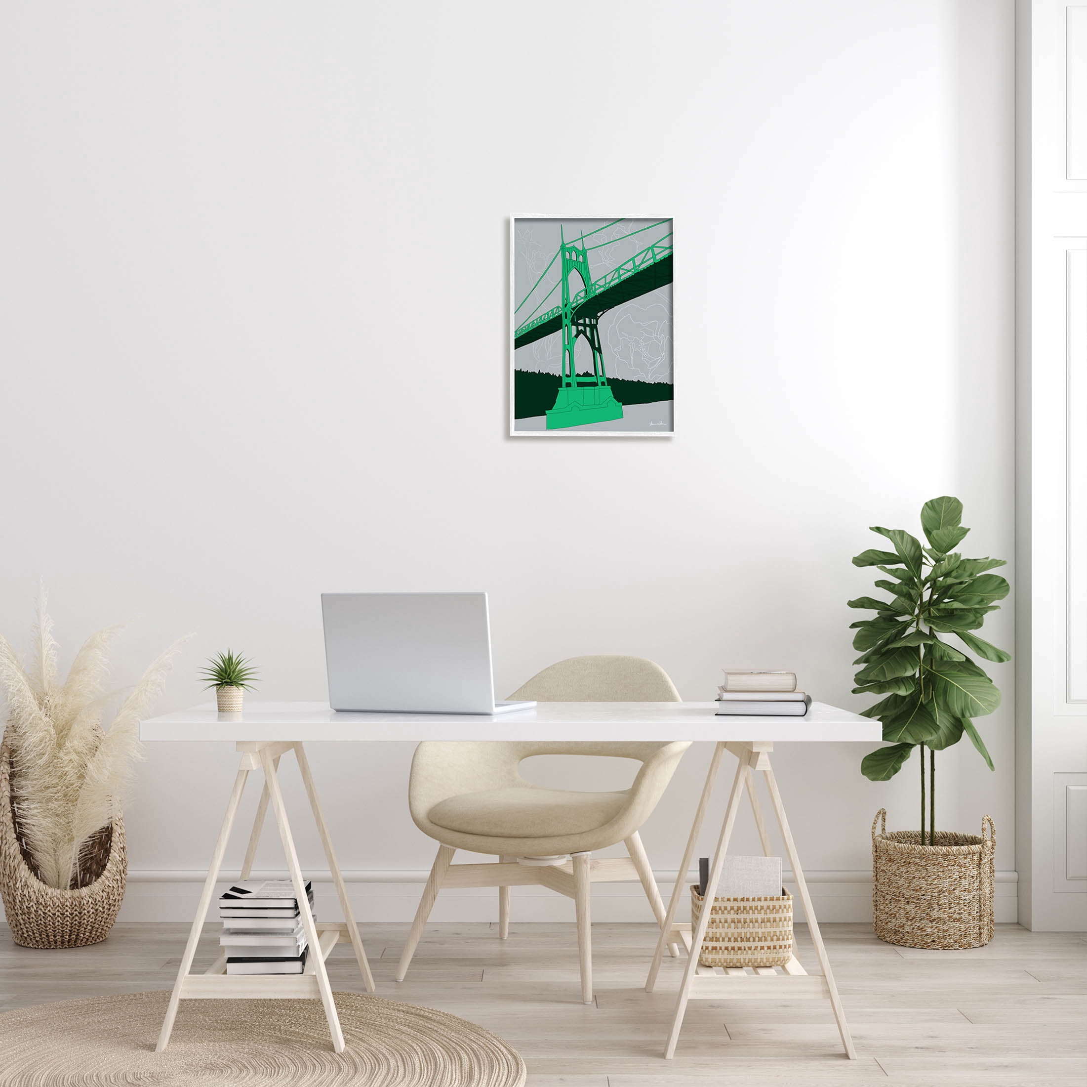 Stupell Industries Modern Floral Bridge Architecture Graphic Art White Framed Art Print Wall Art, Design by Shane Donahue