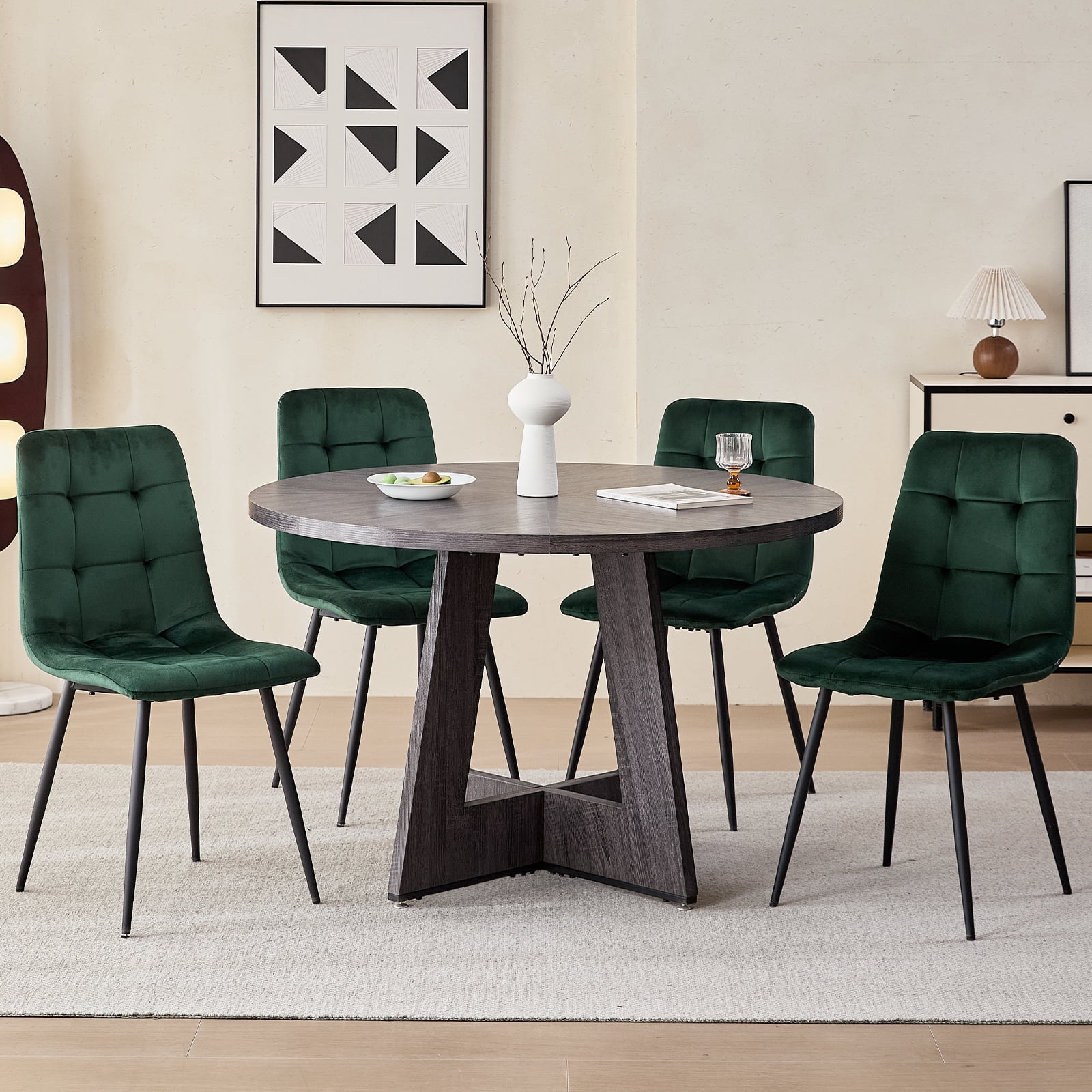 Set of 4 Velvet Dining Chairs - Mid Century Modern Dinning Chair, Upholstered Cushion Seat, Square-Patterned Backrest, Dinner Chairs with Metal Legs for Dining Living Room, Bedroom, Green