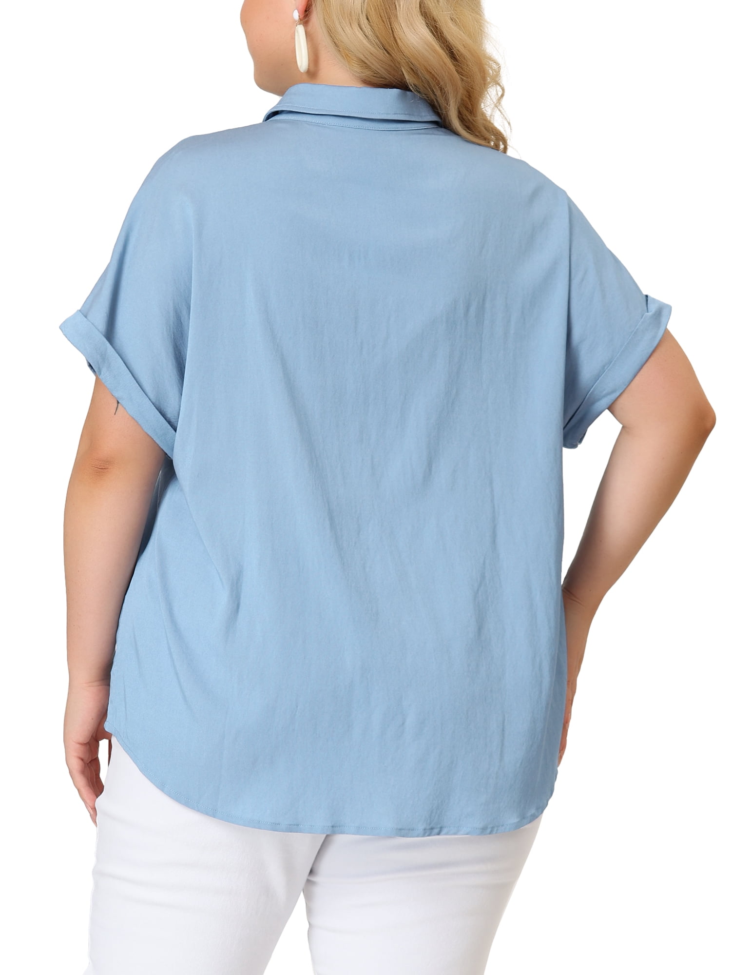 Unique Bargains Women's Plus Size Button Down Chambray Short Sleeve Shirts 1X Blue