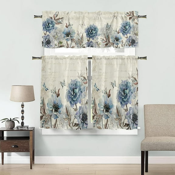 Kitchen Curtains and Valances Set, Flower Butterfly Dragonfly Vintage Blue Floral Spring Summer Short Rod Pocket 3 Pieces Window Curtain Set for Bedroom, Bathroom, 24 Inch Long