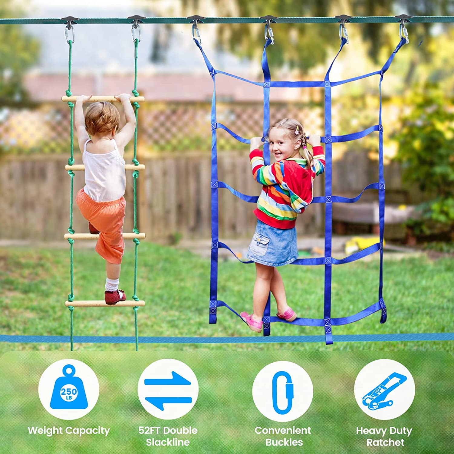 Rope Ladder,Climbing Bar,Ring,Outdoor Ninja Course Training Equipment Set for Backyard Just.smile Ninja Slackline Ninja Warrior Obstacle Course for Kids-2x52ft with Swing 