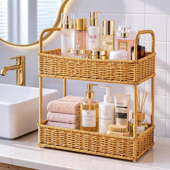 2-Tier Wicker Bathroom Counter Organizer, Rattan Vanity Shelf with Handles No Assembly Required, Large Capacity Bathroom Counter Storage for Perfume, Skincare & Makeup Storage