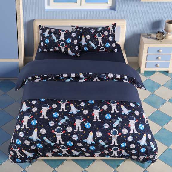 PiccoCasa 5 Piece Kids Duvet Cover Set Brushed Polyester Space Astronaut Pattern Twin