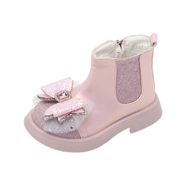 FYEGRE Girls Leather Winter Boots Mid Calf Height Cozy With Decorative Bow For Cold Weather Pink 29