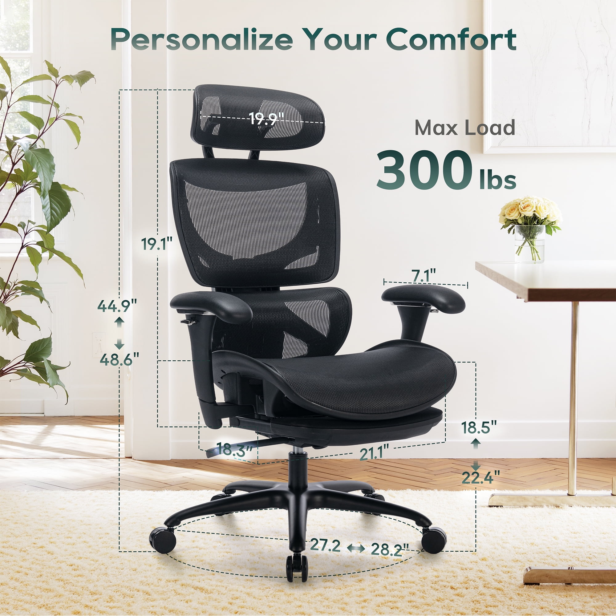 AFO Ergonomic Mesh Office Chair with Footrest – High-Back Executive Desk Chair with Adjustable Headrest, 3D Armrests, Lumbar Support & Tilt Lock – Black