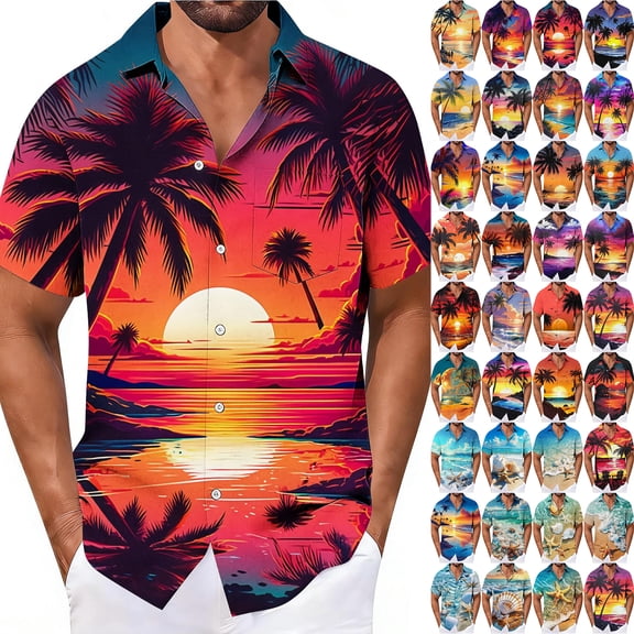 LODIENY Hawaiian Shirt for Men Trendy Tropical Palm Tree Sunset Printed Loose Fit Shirt Short Sleeve Casual Button Down Holiday Beach Graphic T-Shirts Tops with Pocket Multicolor#21 M