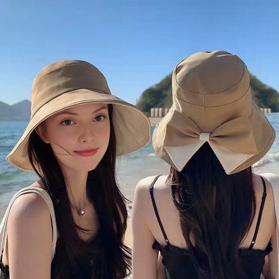 Rodiuiu Women Summer Sun Hat, Back Bowknot Fisherman Hat, Wide Brim UV Protection Hat, Wide Brim Bucket Hat for Outdoor Travel Hiking Fishing Beach Summer Use