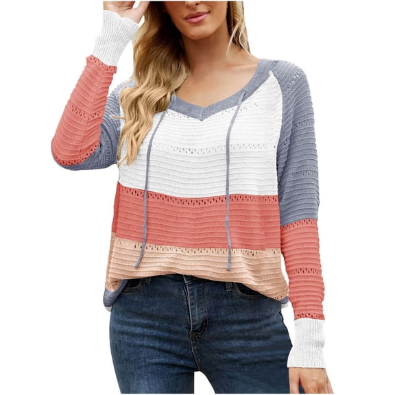 Women's Sport Lightweight Knit Hoodies Casual Drawstring Color Block Sweaters Loose Tunics Pullover Tops Sweatshirts