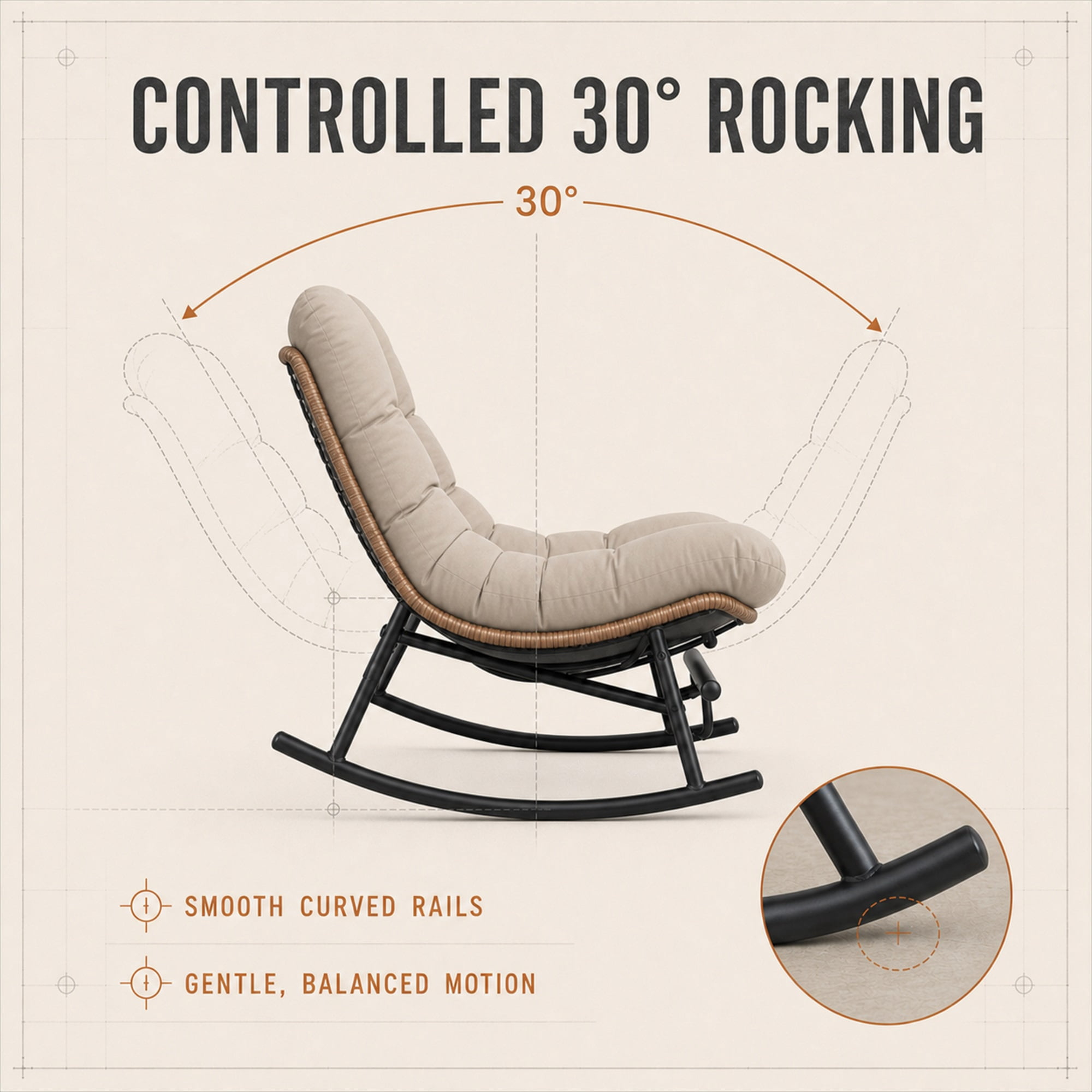 CLOUDREST PRO Outdoor Papasan Rocking Chair with Retractable Footrest, Oversized Wicker Patio Lounge Rocker with Thick Cushion and Steel Frame, 450 lb Capacity, Indoor Outdoor, Brown