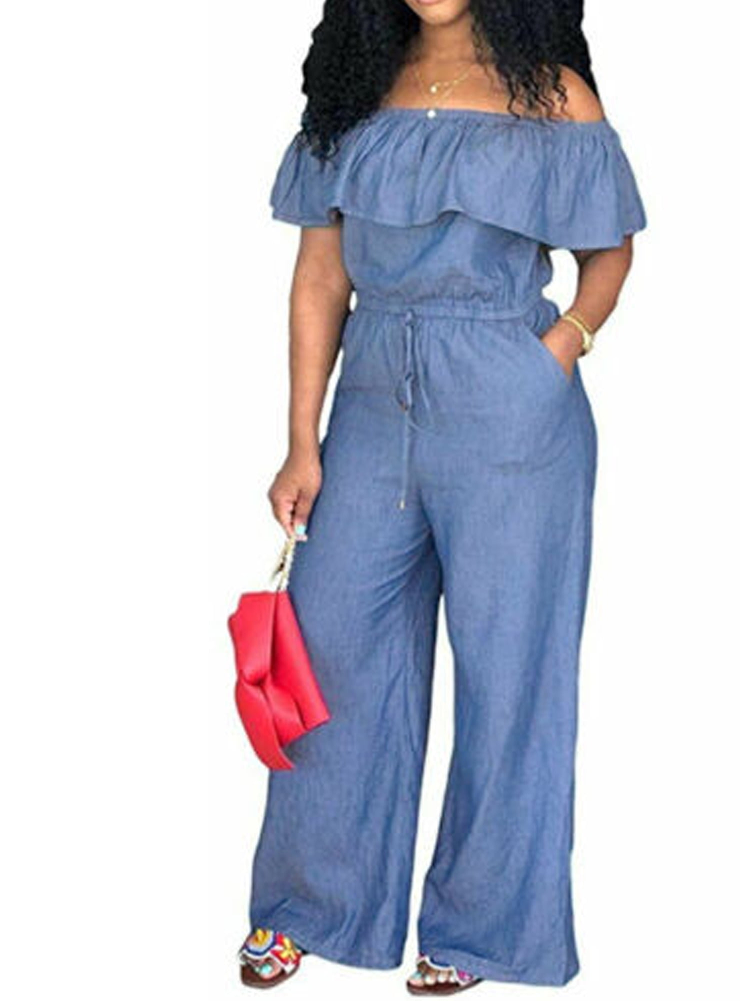 off shoulder jean jumpsuit