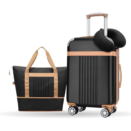 3- Travel Set, 20-Inch ABS Hardside Carry Luggage with 4 Sets Detachable Spinner Wheels, Reinforced Corners, TSA Lock, Travel Bag & Memory Pillow, Airline Approved