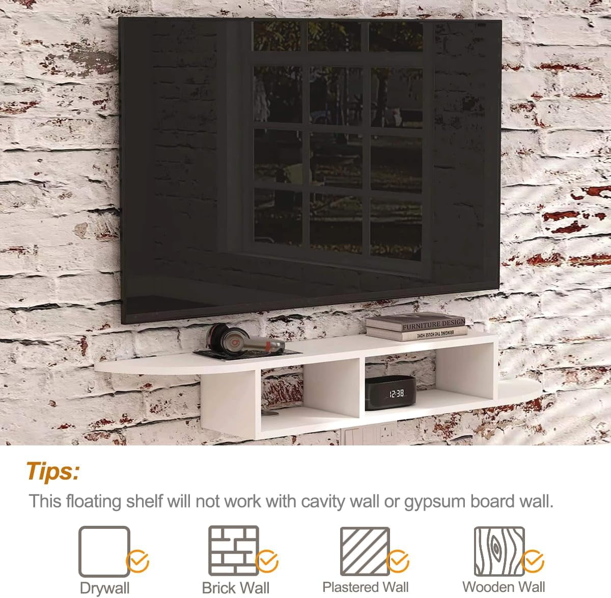 Floating TV Stand, Wall Mounted Entertainment Center and Cabinet Shelf, TV Console with Storage, Media Console for DVD Player, Space-Saving Under TV Shelf for Bedroom, Living Room (White)