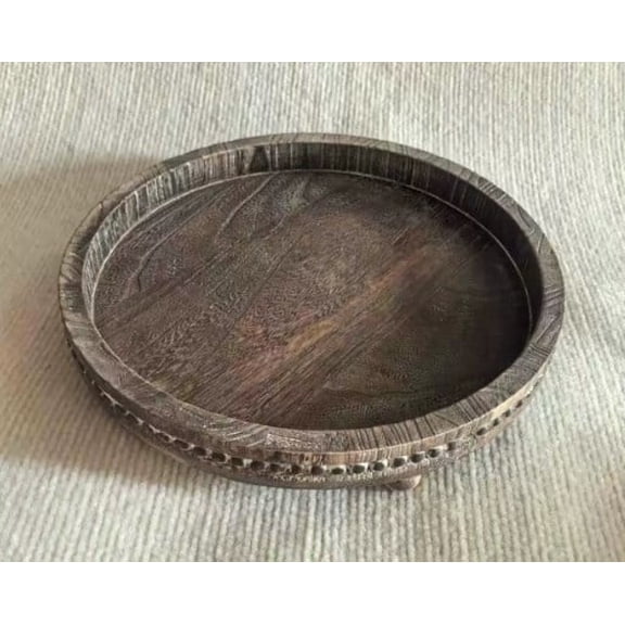 Round Wooden Beaded Tray, 11.8 in Rustic Decorative Tray for Coffee Table Decor, Farmhouse Pedestal Tray with 3 Legs, Raised Edge, Serving Tray for Home Decor