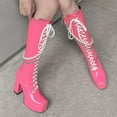 thumbnail image 6 of Xiaoxatg Women's -High Boots Solid Color Square Toe Thick High Heels Platform Glossy Leather Lace Up Pearl Chain Fashion High Boots 8 Pink, 6 of 8