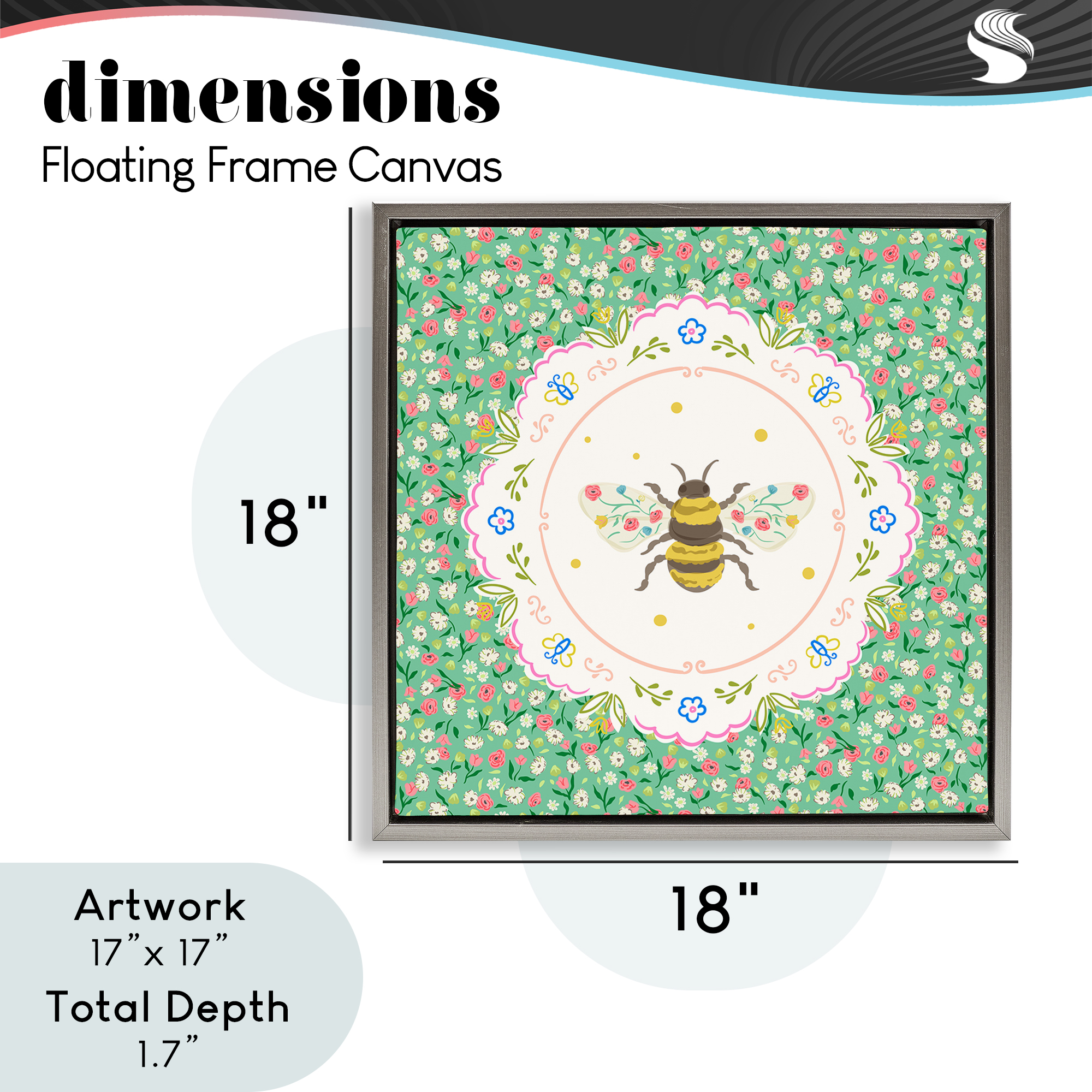 Spring Bee Delicate Florals Gray Framed Floater Canvas Wall Art, design by Angela Steahling