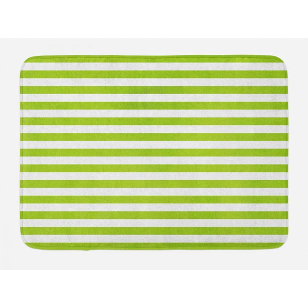 Lime Green Bath Mat, Horizontal Stripes Simplistic Watercolor