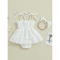 thumbnail image 5 of Musuos Baby Girls Summer Cute Romper Dress 0-18Months Solid Color Sleeveless Adjustable Shoulder Strap Romper with Headband, Pink/White, 5 of 10