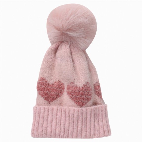 Kids Heart Pattern Knit Pom Pom Beanie,Cute Winter Warm Folded Cuffed Hat for Girls