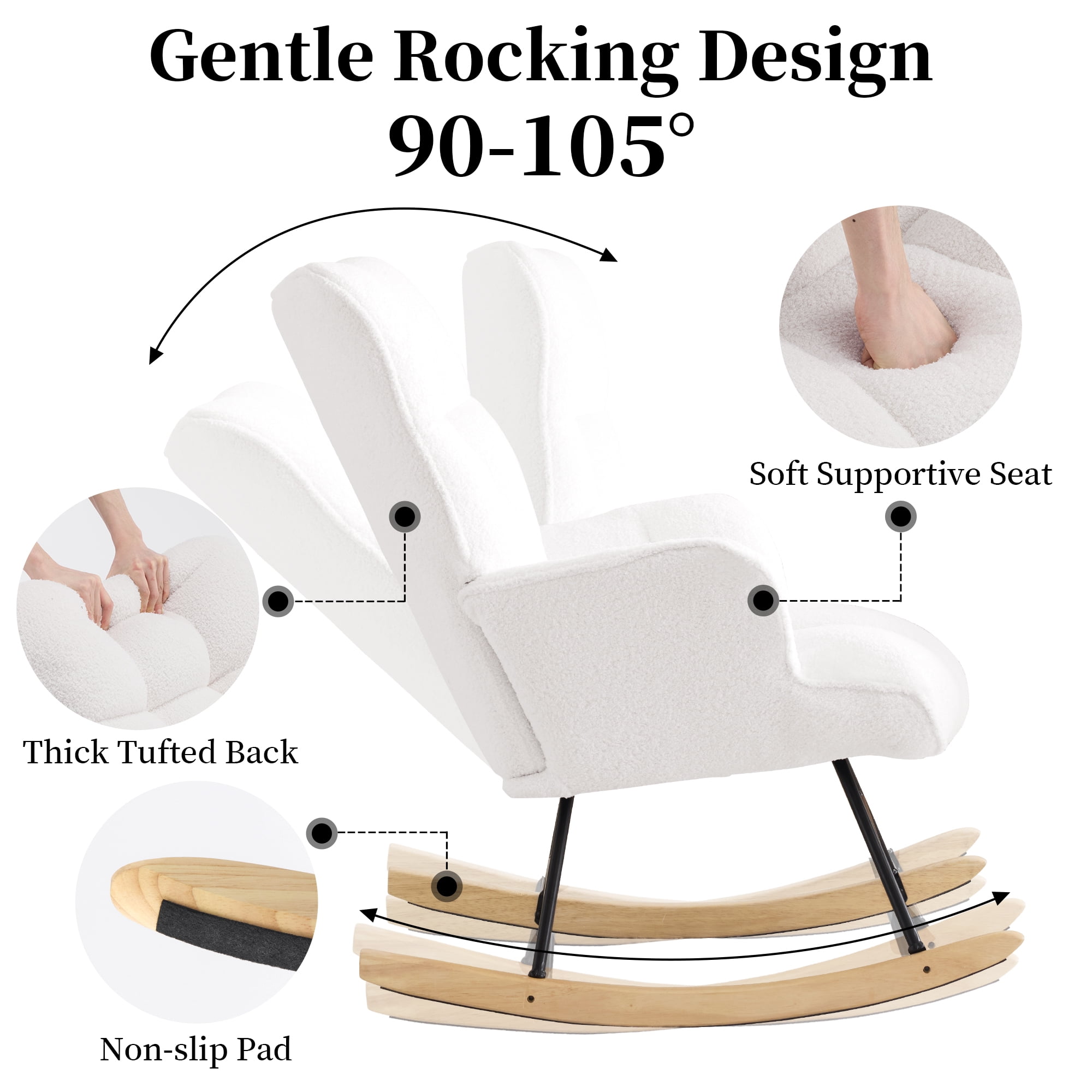 Nursery Rocking Chair Teddy, Upholstered Glider Rocker with High Backrest, Comfortable Stylish Accent Armchair with Padded Seat for Living Rooms, Bedrooms, Offices