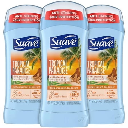 Suave 24 Hour Protection Invisible Solid Deodorant for Women, Tropical Paradise, 2.6 Ounce (Pack of 3)