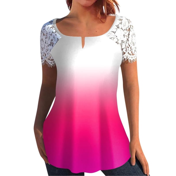 Mujeres Tops Casual verano encaje manga corta Split cuello túnica impresa camisetas camisetas Tops OAVQHLG3B Store lin121212