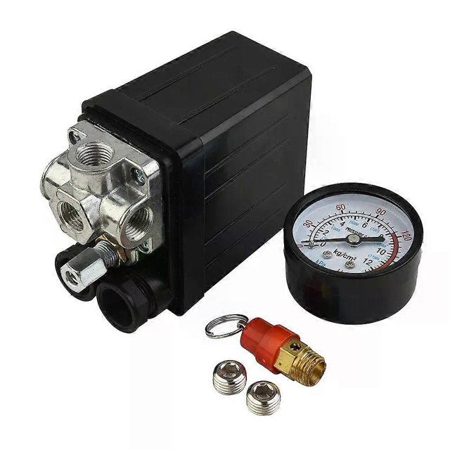 175psi 4 Port Air Compressor Pressure Switch Manifold Regulator Aluminum Alloy Safety Pressure Valve All Black Bracket