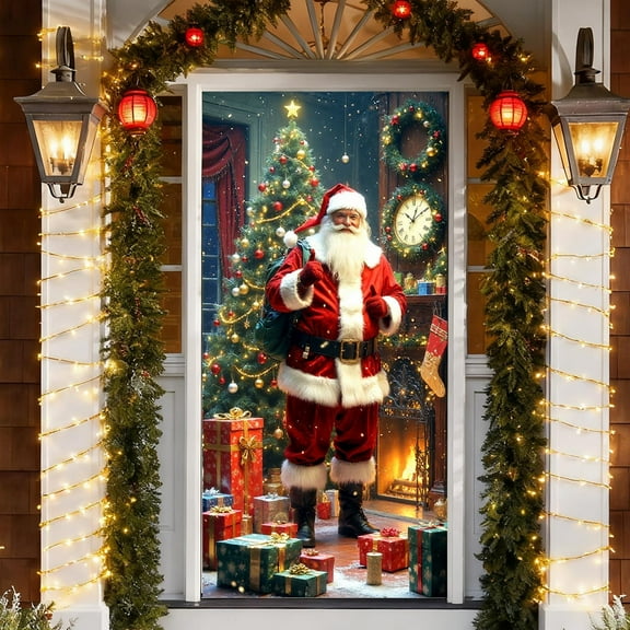 ‌Christmas Door Cover - 35.43in x 70.87in Santa Claus & Festive Decorations,Christmas Home Decor for Holiday Atmosphere,Door Porch Covers for Home Party Holidays Decoration‌