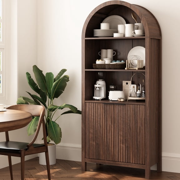 70" Tall Arched Bookshelf with Doors, Modern Wood Bookcase Cabinet with 5 Tier Shelf for Living Room, Walnut