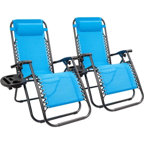 Kemon Zero Gravity Folding Lounge Outdoor Patio Adjustable Reclining Chair with Pillows and Cup Holders for Beach Set of 2, Blue, KM-CLB