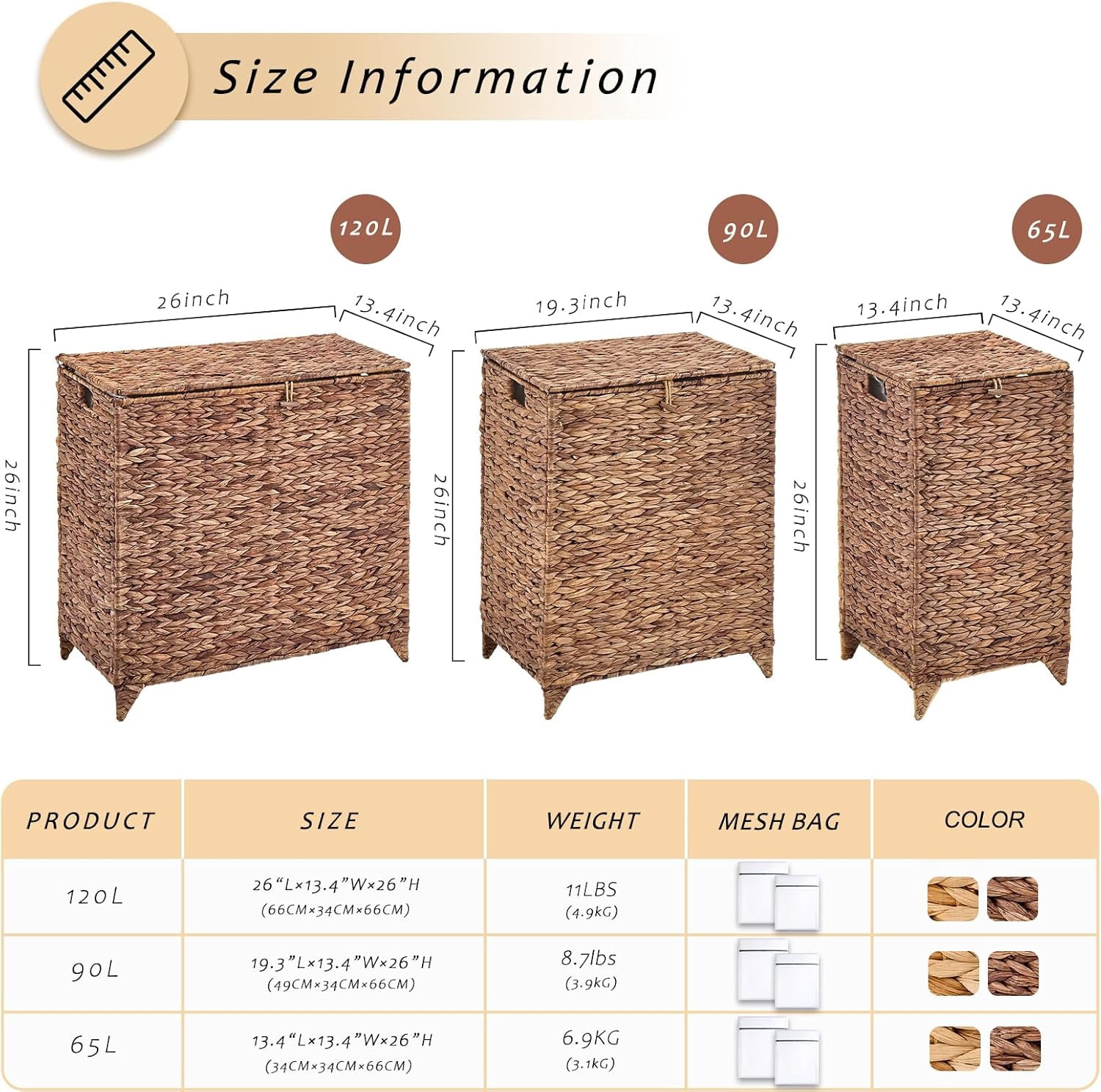 Casa Pura Furniture Handwoven Large Laundry Hamper with Lid, 2 Removable Liner Bags, Heightened Feet, Natural Hyacinth Wicker Clothes Storage Basket for Towels & Clothing