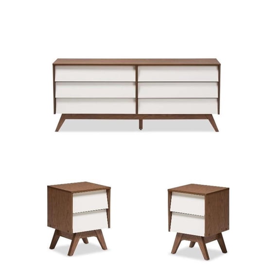 Home Square 3 Piece Engineered Wood Dresser with 2 Nightstands Set White/Walnut