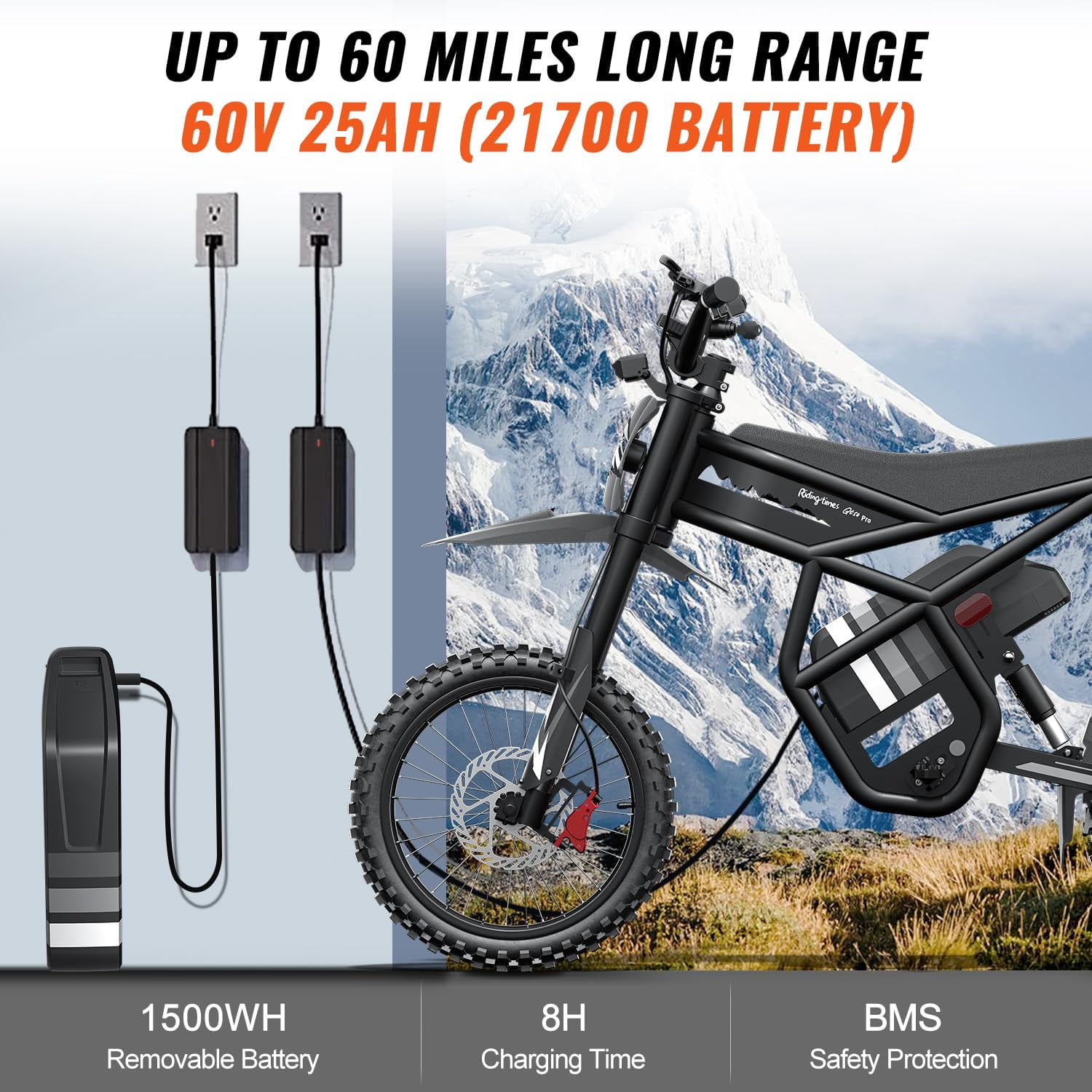 Riding'times GT54 Pro Electric Dirt Bike for Teens Adults, 60V 25AH 40MPH Ebike with 14"/12" Motorcycle Tire, 3000W Dual Hydraulic Brakes Mountain Off-Road Dirtbike