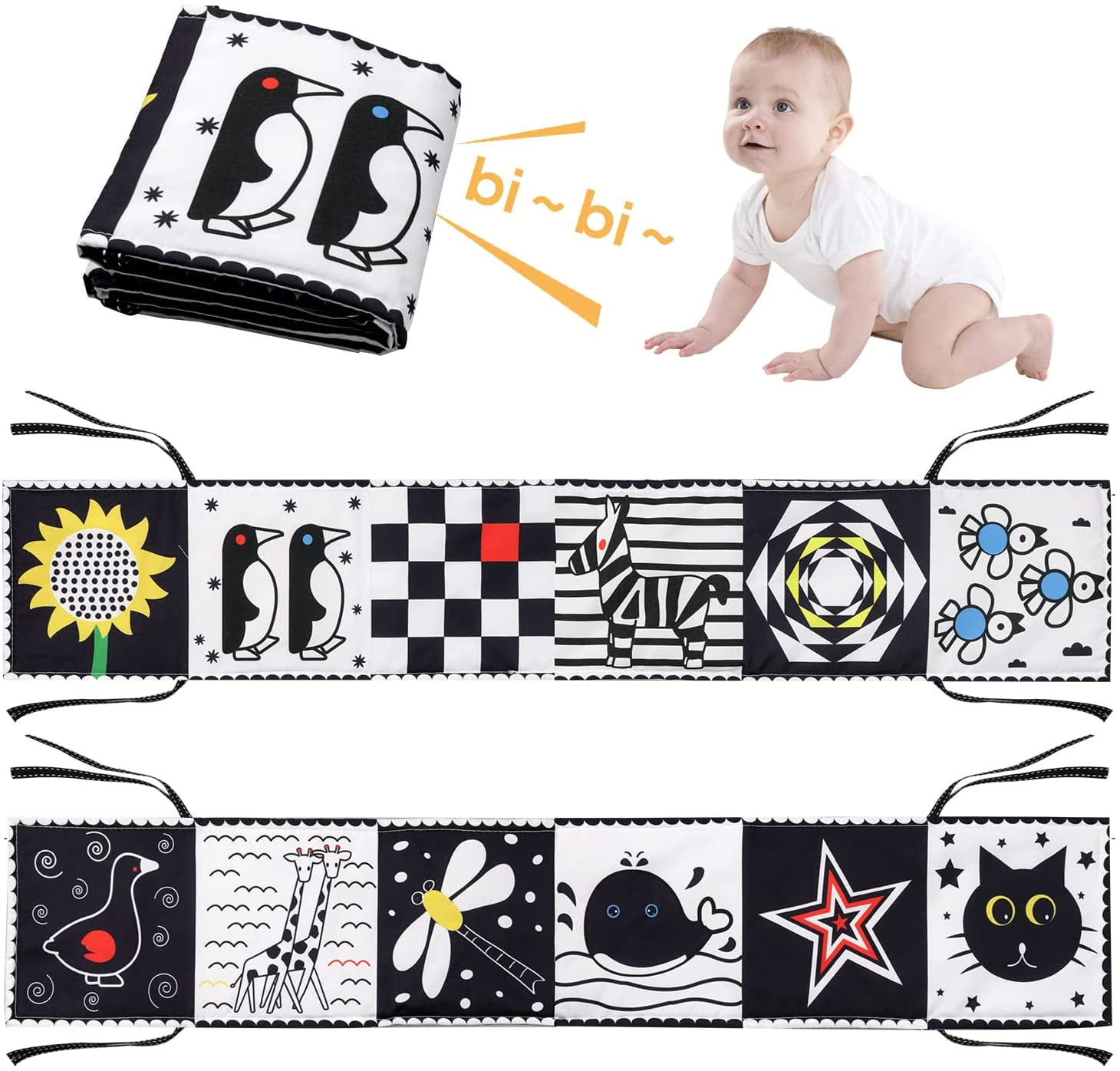 Tummy Time Toys for 0-6 Months, High Contrast Black and White Baby Soft Book for Boys/ Girls, Sensory Toys for Infants Visual Training Early Education